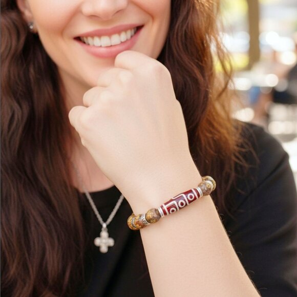 Nine Eye Dzi ✦ Picasso Jasper Stretch Bracelet ✦ 135ctw Adjustable Beaded 30mm - Picture 3 of 9